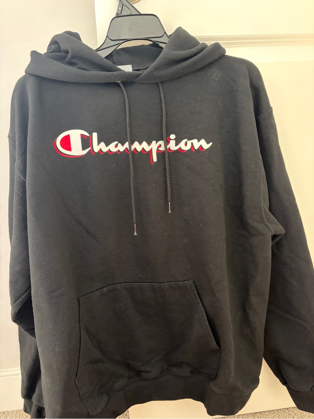 Champion Black Hoodie with Red & White Script Logo
